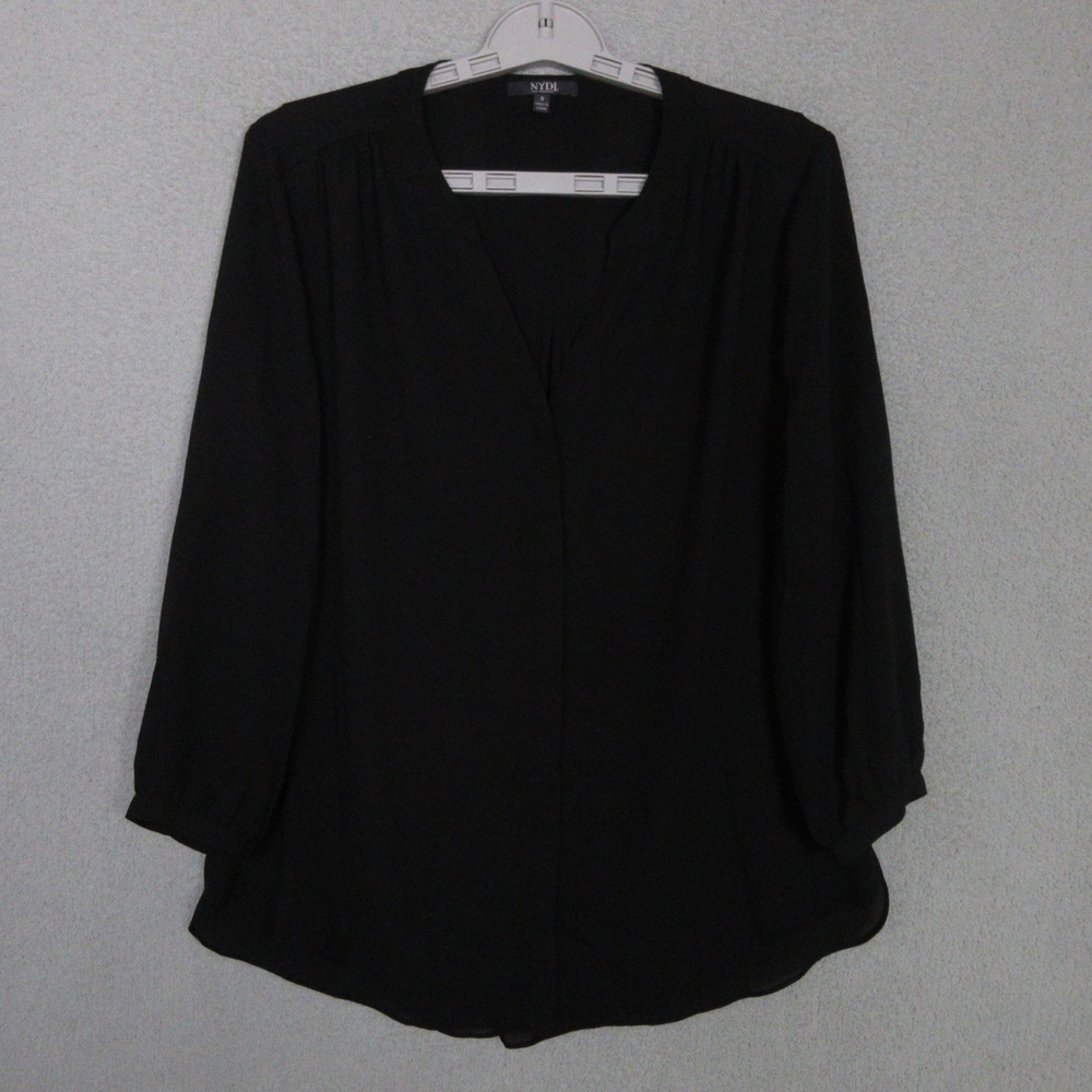 NYDJ V-Neck Blouse Womens Size S Black Pleated Long Sleeve Regular Fit